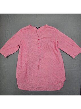Ellos Top L 18/20 Pink Striped 100% Cotton 3/4 Sleeve Tunic Blouse